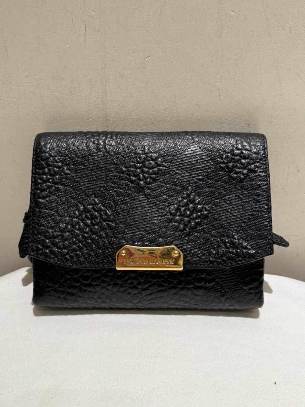 Burberry Langley Black Embossed Check Calfskin Flap Crossbody Bag
